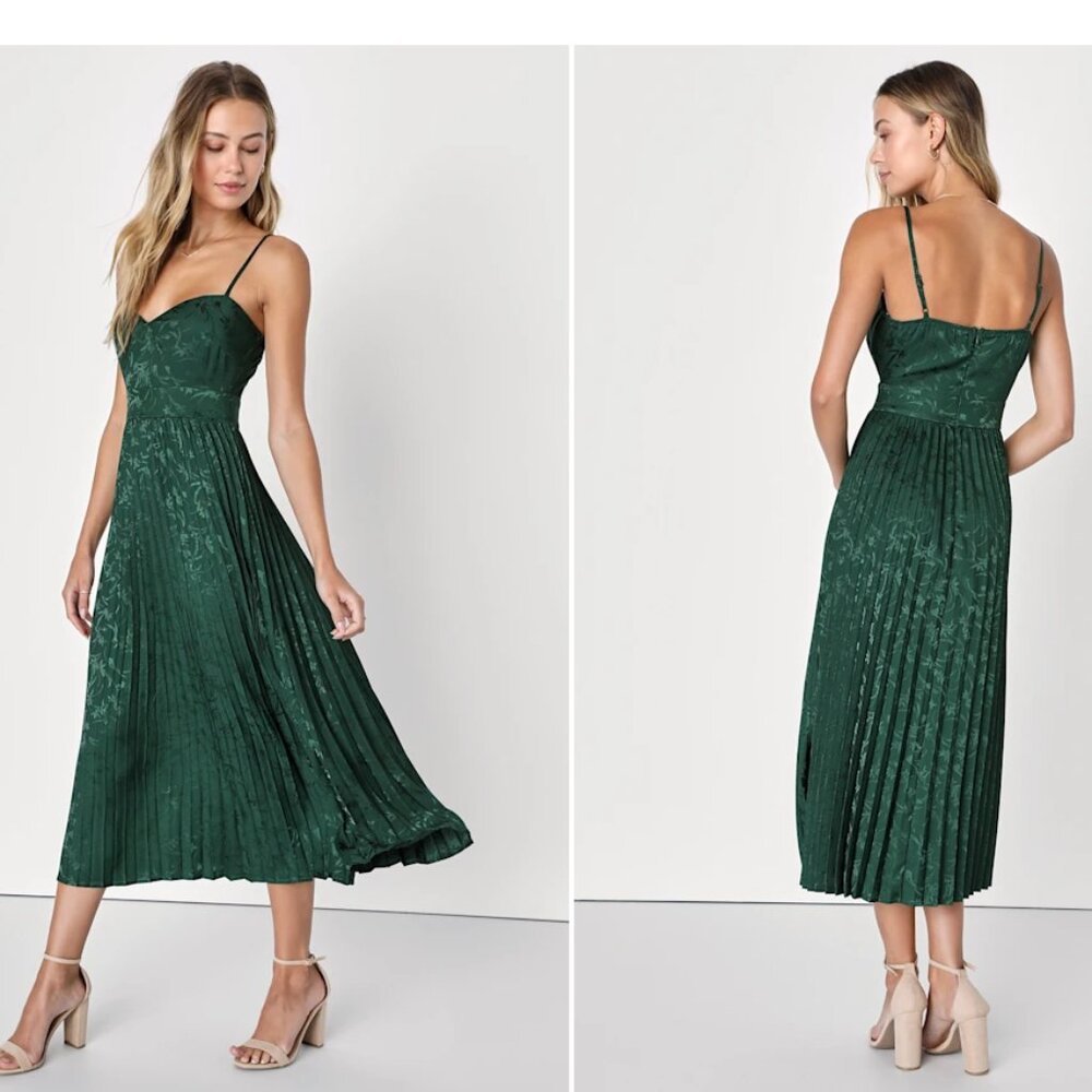 Lulu's Regal Romance Emerald Floral Jacquard Pleated Satin Midi Dress